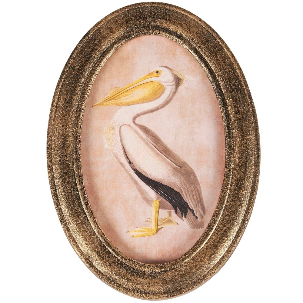 Pelican Framed Wall Art Natural Wood Antique Bronze Oval Coastal Bird Decor